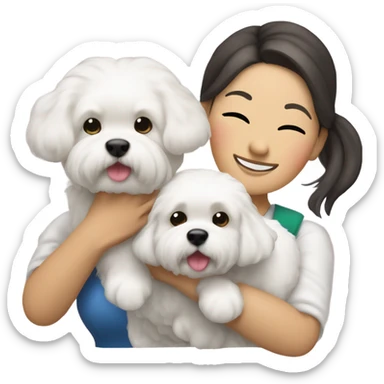 Hair-in-a-bun traveling Asian woman carrying a happy and cute bichon frise sticker