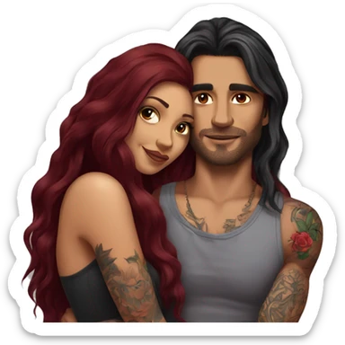 Beautiful tattooed burgundy long haired woman laying on her boyfriends chest sticker