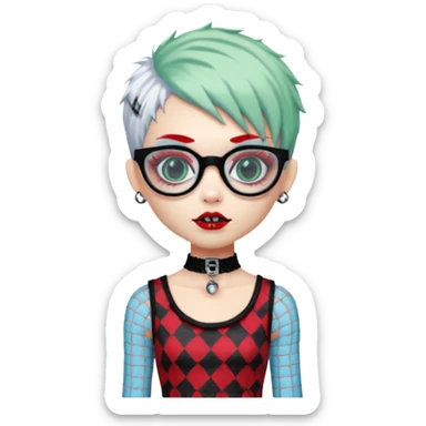 White hair, Ghoulia yelps monster high doll in scene/emo style cherry print dress with fishnet sleeves, clothes, thin, small, red, rectangle glasses, pale white-blue skin, pale-green shaggy pixie-cut , zombie scars , boy, punk choker sticker