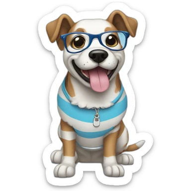 blue striped dog with glassesdog chewing a shoe sticker