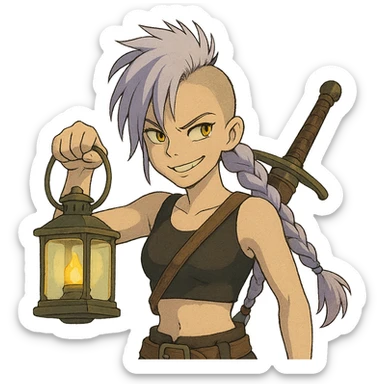 A sword maiden, mohawk, long braid white hair with lavender and tips long messy bangs one side, gold yellow eyes, black crop top, brandishing a lantern. Mischievous smirk sticker