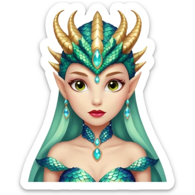 A gorgeous dragon woman with glittering jeweled scales covering her body and face. She has large almond shaped eyes, lush lips, and she wears a stunning luminescent gown. sticker