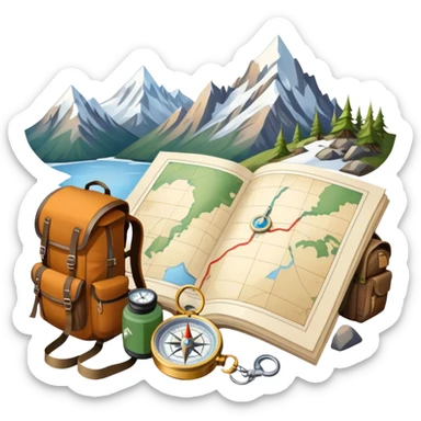 Icon for Expeditions: a compass, a map, and a backpack with trekking gear, placed on a rugged mountain terrain with snow-capped peaks. The icon should evoke the spirit of adventure and discovery in remote, unexplored places. Transparent background. sticker