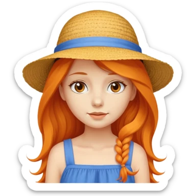 girl_wearing_summer_hat, orrange long hair, blue dress sticker