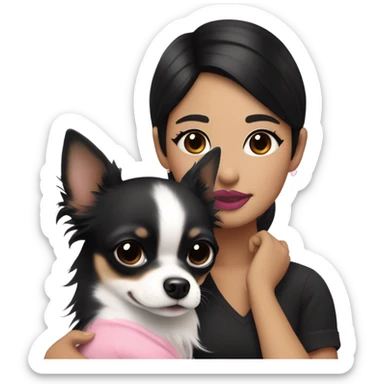 Thick medium black hair with black eyes and pink lip and pink cheek Filipino lady hugging black and white Chihuahua  sticker
