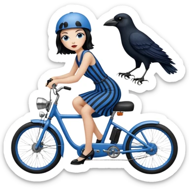 1920s coal hair hotrod Silkstone Marie Antoinette Morticia Addams Barbie Wednesday Addams from academy in a blue and black vertically-striped classic dress. riding matte black hot rod electric bikes with crows sticker