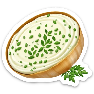 realistic garlic and herb cream cheese thick dollop or swirl white green herb flecks garlic bits smooth glossy visible flecks optional ramekin no bread vegetables garnish or faces clean 3D soft lighting transparent background emoji scale sticker