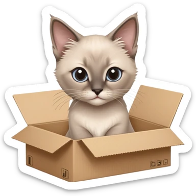  A very cute gery young kitten long hair Siamese Cat cat with one's head tilted to one side poked its paws out of the cardboard big box and placed them on top of it sticker