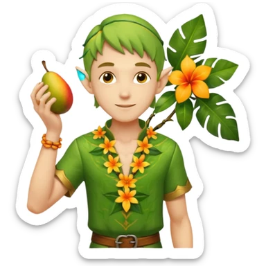 male elf in open palm-leaf shirt, offering mango. Flower necklace, sandals sticker
