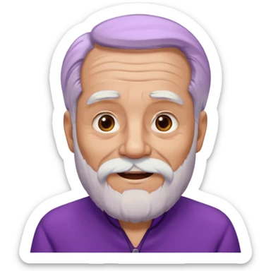 Abuelo hombre con ropa morada, ojos cafés, muchas arrugas, aspecto feliz, el pelo debe ser blanco no morado. sticker