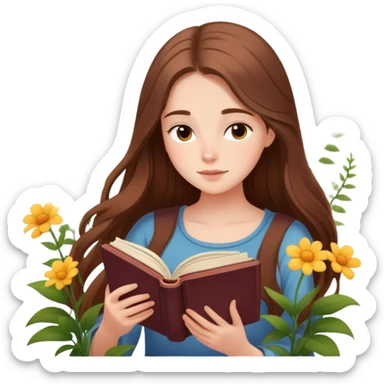 Girl with long brown hair reading a poetic book, surrounded by flowers and soft light elegant flowers  sticker