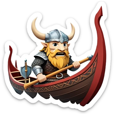 clash-of-clans-aesthetic_-cinematic-viking-longboat, rendered in a flat, bold vector style with minimal shading, featuring a striking dragon-headed prow slicing through icy, churning waters. shields on the side and vikings rowing The longboat’s intricately detailed shields and carved motifs evoke a sense of epic adventure and Nordic might, with billowing sails catching a dramatic, stormy sky backdrop. sticker