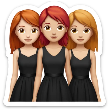 Can you create an image of 3 friends together one with red bright hair light skin one the other with brown hair with some blonde highlights in the hair fair skin the last one with light brown a tint of orange hair and black long hair with brown with dresses dark hair on one of the girls  sticker