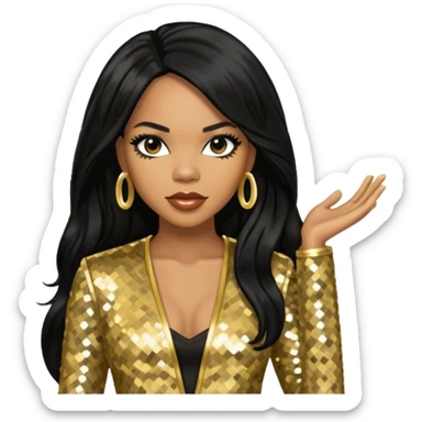 Tenitra Michelle Williams, R&B Singer from Destiny's Child with long black hair, gold sequin outfit, medium dark skin sticker