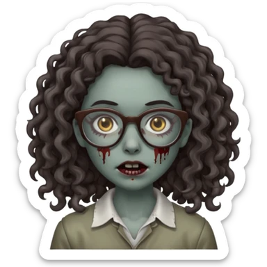 make a zombie girl with grey skin and long dark brown curly hair and glasses sticker
