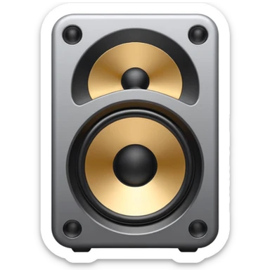 Minimal emoji icon of a modern metallic speaker, front view, detailed geometry, dark metallic body, subtle highlights, isolated sticker
