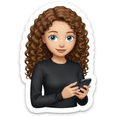 generate a pretty woman with blue eyes, light skin and medium brown long wavy/curly shiny hair holding a phone she is looking at the phone while looking down at the screen. she is wearing an ALL black long sleeve sticker