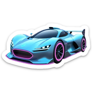 A futuristic racing car with glowing neon lights, sleek aerodynamic design, and a cyberpunk cityscape in the background. The car is speeding through a neon-lit street with high-tech buildings and holograms." sticker