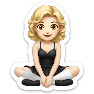Front view curvy caucasian beauty sits on the floor straight hands up black skirt white stockings sticker