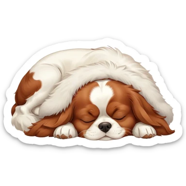 Cinematic Meme-Worthy Chubby Sleeping Cavalier King Charles Spaniel Portrait Emoji, Head resting peacefully with a contented smile, showcasing a delightfully chubby build and a luxuriously soft coat of chestnut and white, eyes shut in a serene nap, Simplified yet hilariously adorable features, highly detailed, glowing with a soft, drowsy light, high shine, relaxed and utterly lovable, stylized with an air of playful laziness, bright and heartwarming, soft glowing outline, capturing the essence of a comically sleepy Cavalier King Charles Spaniel, so meme-worthy it feels like it could instantly become the next viral sensation of adorable slumber! sticker