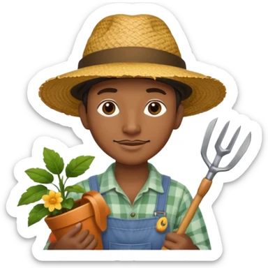 black gardener holding gardening tools, with hat sticker