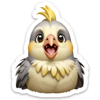 Cinematic Cute Yawning Cockatiel Portrait Emoji, Head tilted slightly with a dramatic, wide-open yawn, showcasing a soft grey fur with subtle yellow accents and gently drooping crest feathers, round dark eyes barely open in drowsy contentment, Simplified yet irresistibly adorable features, highly detailed, glowing with a soft, cozy glow, high shine, relaxed yet expressive, stylized with a touch of whimsy, bright and endearing, soft glowing outline, capturing the essence of a sleepy yet affectionate cockatiel, so drowsy it feels like it could stretch out of the screen and curl up for a nap! sticker