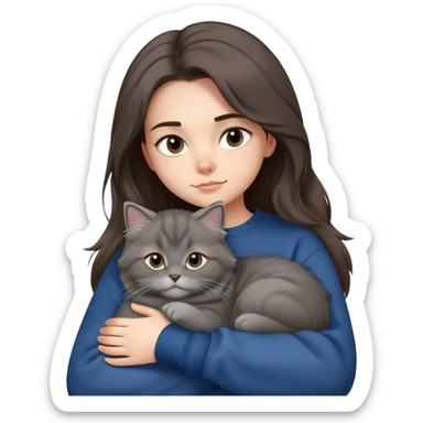 Brunette girl with dark blue sweatshirt snuggling a fluffy grey Siberian cat sticker