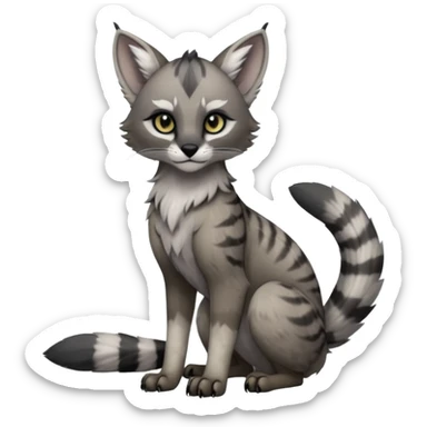 Cute kawaii cool edgy badass  ashen grey fur with smoky charcoal ombré fade fantasy-caracal-civet-genet-sergal-vernid-Gryphon-Cacomistle-Trico-oncilla-animal-Fakémon-hybrid-fursona (full body), facial markings, (realism style) sticker