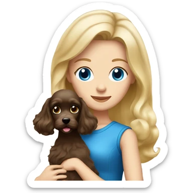 Old blue eyed blonde lady with long straight hair with dark brown Cockapoo puppy dog sticker