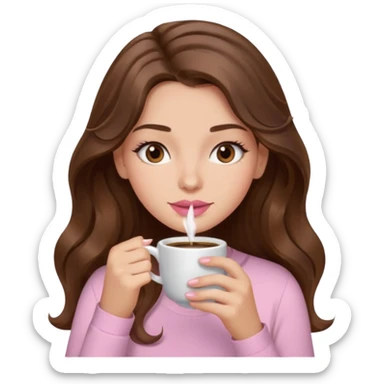girl with wavy long brown hair, brown eyes, light to medium complexion, long lashes, light pink lipstick, wearing light pink shirt, sipping coffee sticker