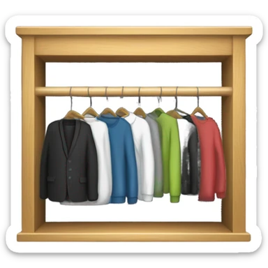 Design an emoji-style icon of an open wardrobe with clothes hanging inside. Include details like a wooden frame, hangers, and black clothing items such as shirts or any other clothing . Use a clean and minimalistic design. sticker