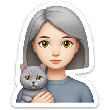 A girl with short middle-parted hair holding a British shorthair sticker