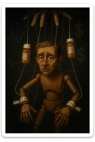 a marionette puppet with hospital bracelets and medication bottles as strings is controlled by unseen hands from above. The puppet’s face shows confusion and fatigue, representing the feeling of being managed by an invisible system. The background is dark, with faint images of medical charts and dollar signs. in italiano sticker