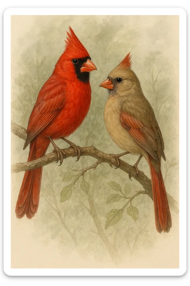 northern cardinal pair: male bold red with tall crest, black mask, orange beak; female light brown with reddish wings and tail, petite crest, faint black mask, orange beak, naturalistic style sticker