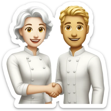 restaurant owner with white skin, and blogger with white skin, shaking hands in great detail sticker