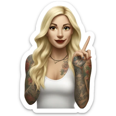 Blonde elegant women with LONG HAIR, her Body Covered with Tattoos, POINTING YOU FORWARD with her HAND with INDEX FINGER, Hyper Realistic sticker