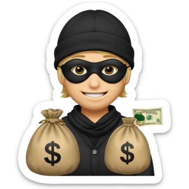 smiley robber wears black eye mask and black beanies with one money bag beside his right side sticker