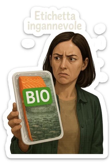 Scena in un supermercato moderno: uomo o donna tiene in mano una confezione di salmone etichettata 'BIO', con un grande bollino verde. Ma in trasparenza, dietro l’etichetta, si intravede un allevamento intensivo di salmoni in gabbie marine, acqua torbida e pesci ammassati. Espressione del cliente confusa e sospettosa. Sopra la testa, testo simbolico fluttuante: 'Etichetta ingannevole'. Colori contrastanti: confezione brillante ma realtà di fondo grigia e artificiale. Stile realistico con elementi simbolici forti sticker