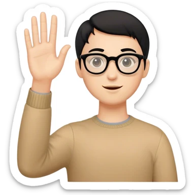 Ragazzo con capelli corti neri, carnagione chiara, occhiali neri, occhi a mandorla che saluta sticker