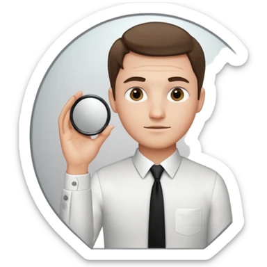 A man looking into a mirror holding his hand. He should be facing the mirror. He should be wearing a white dress shirt and a black tie. sticker