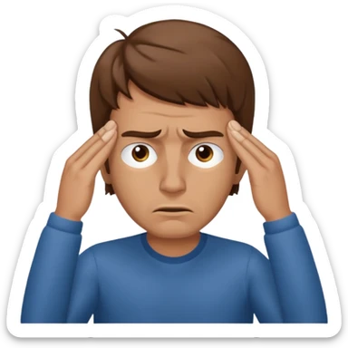  iOS emoji style - A stressed man stands and messages his temples. He has brown hair. Stress sticker