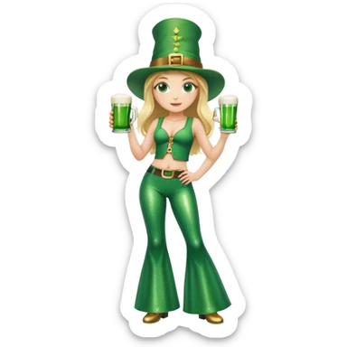 Blonde haired girl in glittery green bell bottoms and tall leprechaun hat holding a green beer sticker