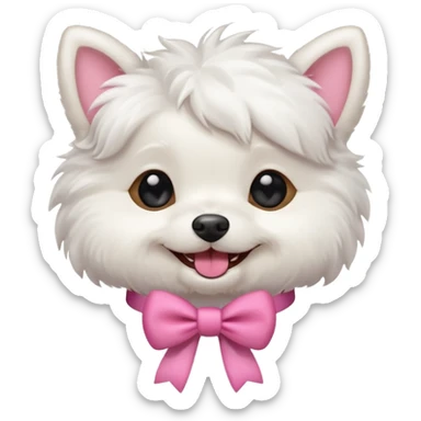 white small fluffy dog giggling with a pink bow sticker