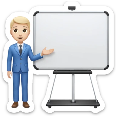 A clean emoji-style illustration of a person giving a presentation, standing next to a large presentation board on a stand, board empty and white, no podium, no desk, no table, friendly proportions, soft 3D emoji style sticker