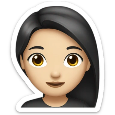 Asiatic girl with black ironed long hair, brown eyes, and a black top sticker