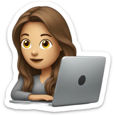 woman with long brown hair, typing on a silver laptop sticker