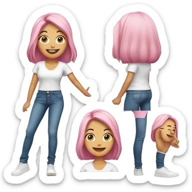 A young Asian woman with shoulder-length pink hair and dark roots, smiling with full lips. She is wearing a t-shirt and jeans, making a peace sign with her fingers sticker