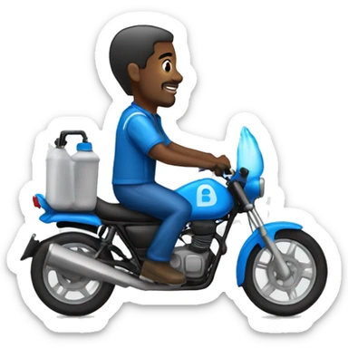black man in a blue moto delivering water bottles in the back of the moto (side view) sticker