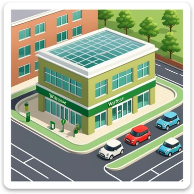 Isometric Waitrose supermarket building with green branding, brick exterior, glass entrance, British parking area with Mini Cooper cars sticker