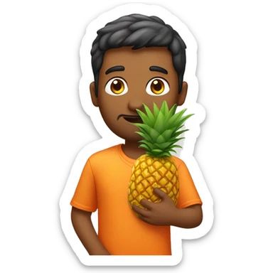 Indian guy in orange shirt holding a pineapple sticker